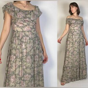 Vintage 1970s DREAMY Striped FLORAL Gown -- Small